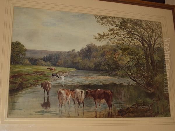 Cattle Watering At A Riverside, In A Landscape Oil Painting by Squire Howard