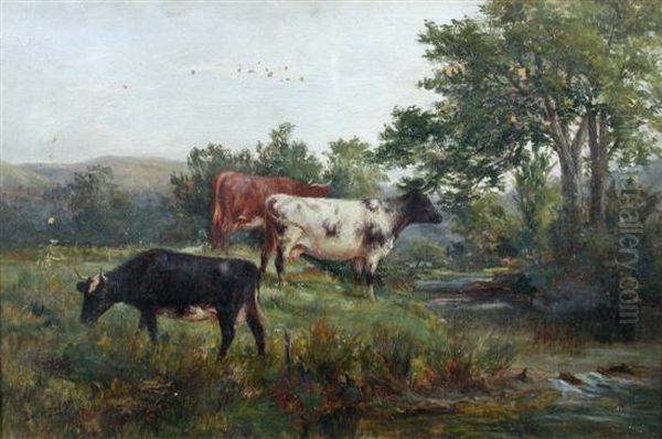 Cattle Grazing By A River Bank Oil Painting by Squire Howard