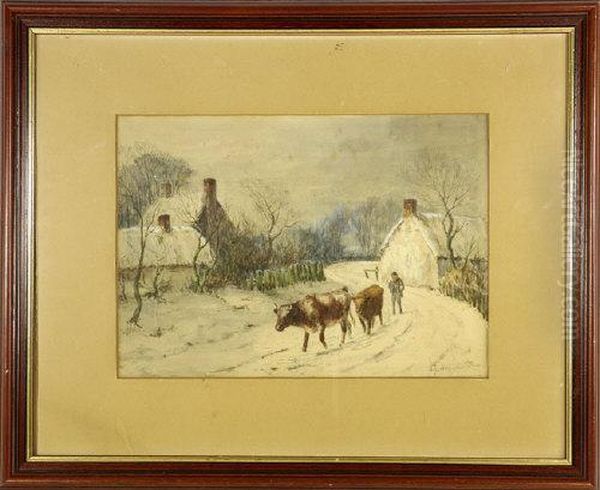 Driving Cattle In Winter Oil Painting by Squire Howard