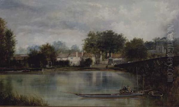 Figures Fishing On A Boat In Front Of A Town Landscape Oil Painting by William Howard Hart