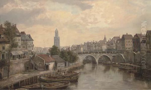 Figures On A Bridge In A Continental Town Oil Painting by William Howard Hart