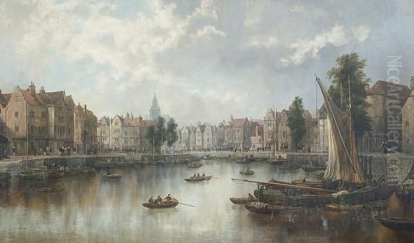 Dutch Cityscape With Canal Oil Painting by William Howard Hart