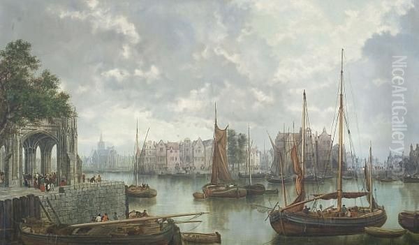 Barges On A Dutch Canal Oil Painting by William Howard Hart