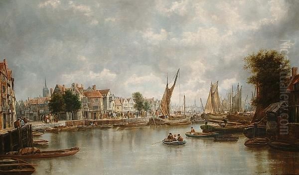 A Busy Continental Harbour, Signed Oil Painting by William Howard Hart