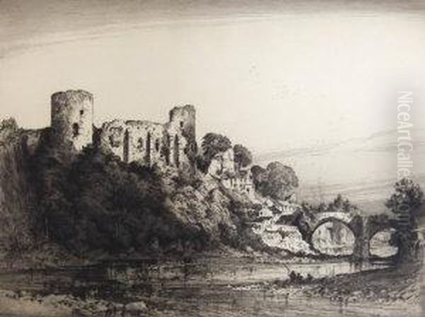 View Of A Ruined Castle And Stone Bridge Oil Painting by Albany E. Howarth