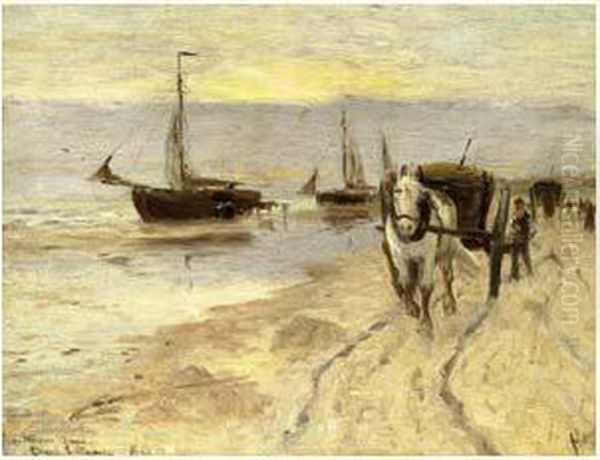 Scene De Plage Animee Avec Le Retour De La Charrette Du Pecheur, Aux Environs D'etaples Oil Painting by William Henry Howe