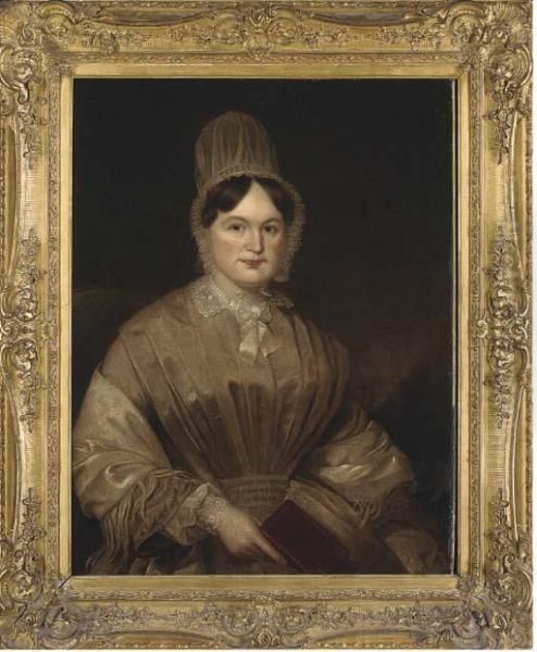 Portrait Of A Lady, Half-length, Seated In A Grey Silk Dress And Shawl, A Book In Her Right Hand Oil Painting by Samuel Howell