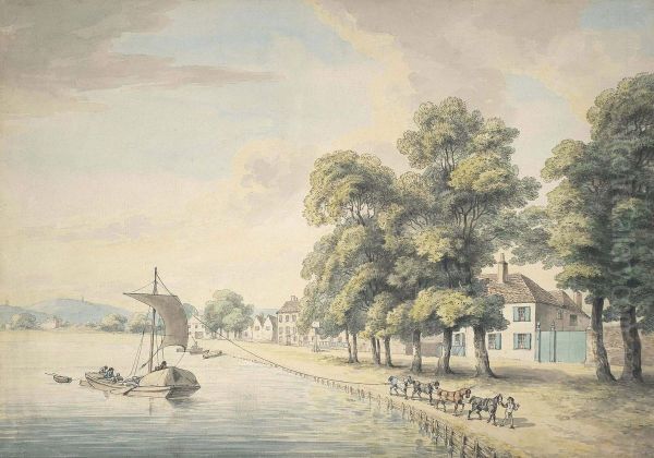 A Figure Leading Horses Pulling A Barge Along A River Oil Painting by Samuel Howitt