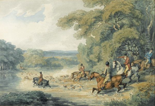 A Stag Hunt Crossing A River Oil Painting by Samuel Howitt