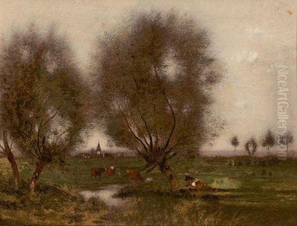 Pastoral Landscape With Cows Resting Oil Painting by Alfred Cornelius Howland