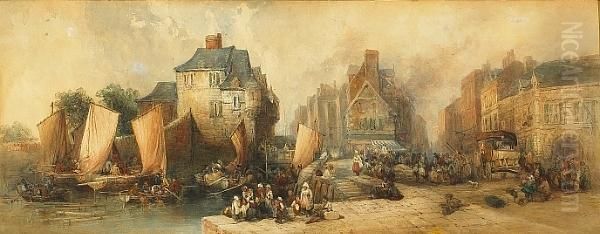 A French Town Scene With Numerous Figures By A Quay Oil Painting by George Howse