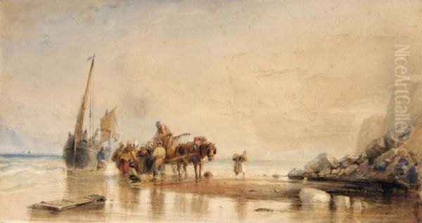 Figures Unloading Fishing Boats On The Shore Oil Painting by George Howse