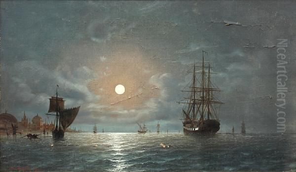 Shipping By Moonlight Overconstantinople Oil Painting by Edward Hoyer