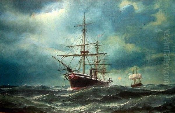 Full Steam Ahead - A British Ironclad War Ship In Choppy Waters Oil Painting by Edward Hoyer