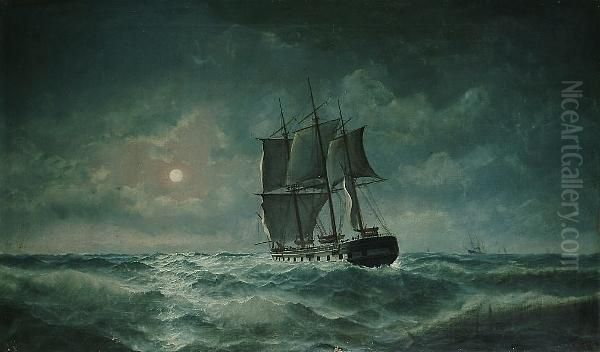 A Moonlit Marine View With A Frigate In A Swell Oil Painting by Edward Hoyer