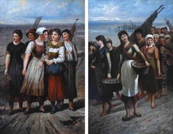 Fisherwomen Returning Homein Sicily Oil Painting by F.J. Hoyer