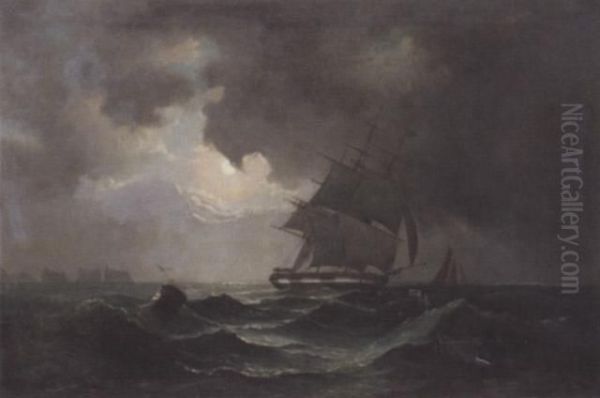 Shipping In Heavy Seas By Moonlight Oil Painting by Peter Julius Hoyer