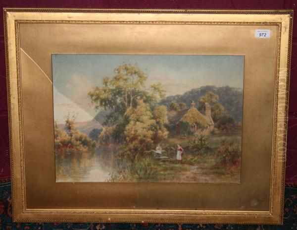 Figures Beside A Church And River Oil Painting by William R. Hoyles