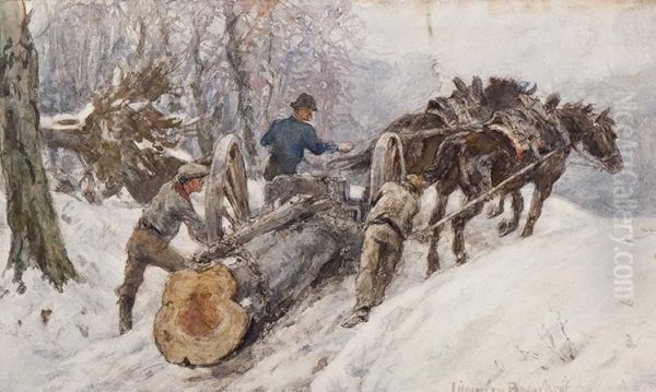 Working With Logging Wheels In Thesnow Oil Painting by Jan Hoynck Van Papendrecht