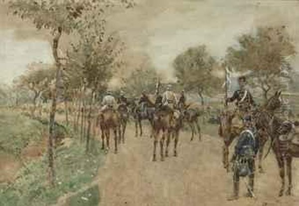 A Trio Of German Senior Officers Escorted By Two Uhlans, With Inthe Foreground Two Members Of A Different Uhlans Regiment Oil Painting by Jan Hoynck Van Papendrecht