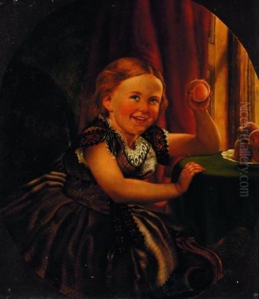 Girl Holding A Peach Oil Painting by Philipp Hoyoll