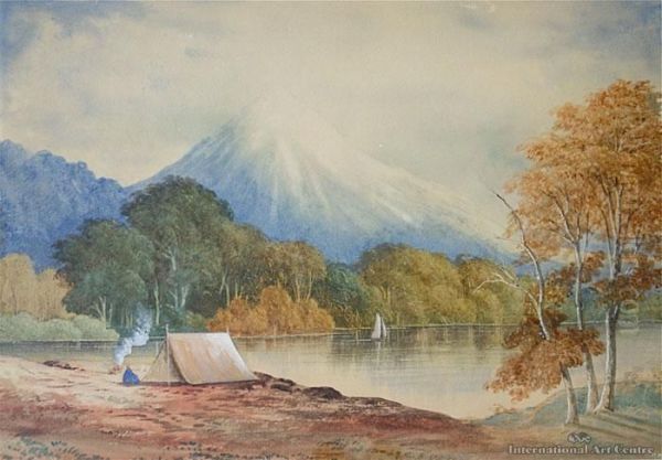 Campsite At Lake Mangamahoe, Mt Egmont Oil Painting by John Barr Clarke Hoyte