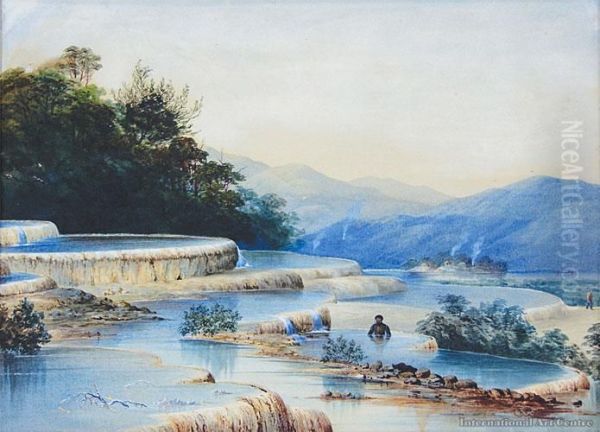 Bathing In The White Terraces, Rotomahana With Whare's Beyond Oil Painting by John Barr Clarke Hoyte