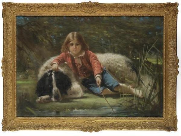 A Boy With His Sheepdog, Fishing Oil Painting by Pierre Adolphe Huas