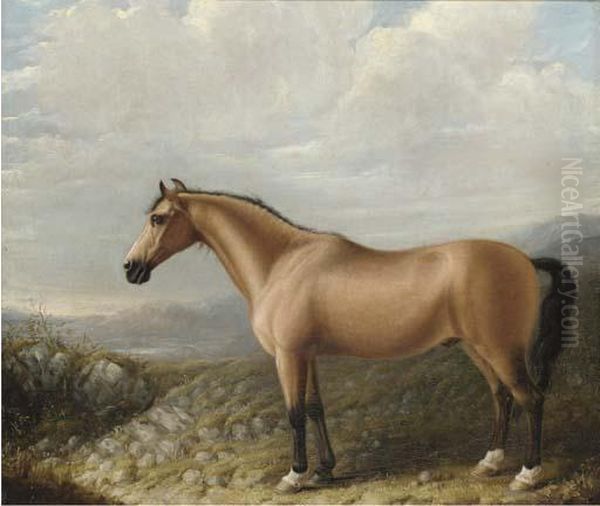 A Palomino Horse In A Mountainous Landscape Oil Painting by Bennet Hubbard