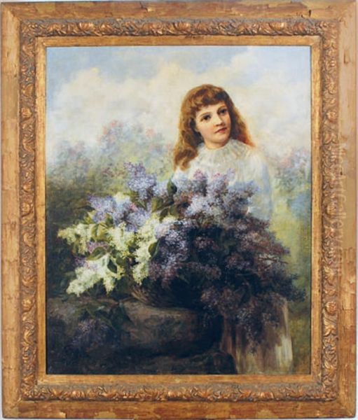 A Girl With A Bouquet Of Lilacs In A Landscape Oil Painting by Elizabeth Hubbard