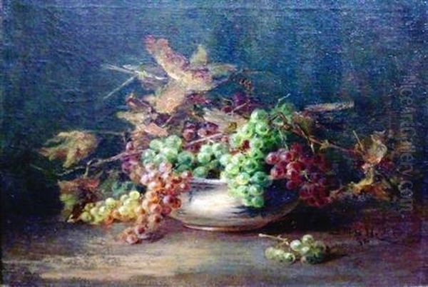 Still Life With Leaves And A Bowl Of Grapes Oil Painting by Lydia Mariah Brewster Hubbard