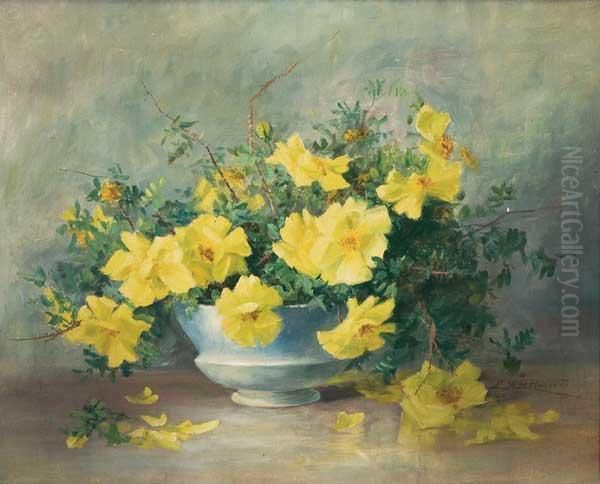 Yellow Flowers On A Tabletop Oil Painting by Lydia Mariah Brewster Hubbard