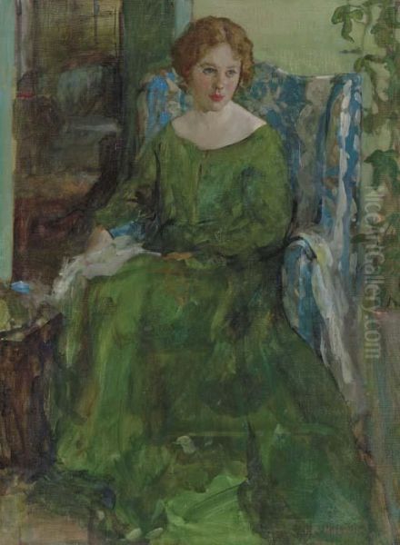 Girl In Green Dress Oil Painting by Henry Salem Hubbell