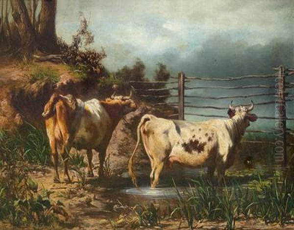 Cows By The Gate Oil Painting by Carl Rudolf S. Huber