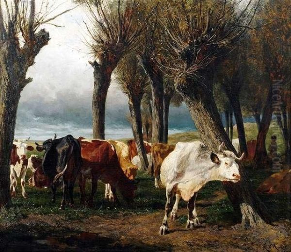 Cattler Herd Under Pollarded Willows Oil Painting by Carl Rudolf S. Huber