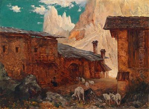 Dorfstrase In Den Bergen Oil Painting by Carl Rudolf S. Huber