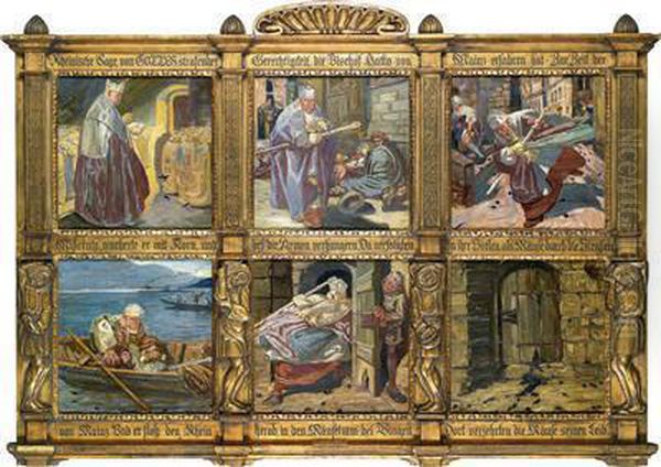 Six-part Polyptych With Scenes From The Rhinelandlegends About Bischop Batto Of Mainz Oil Painting by Josef Huber Feldkirch