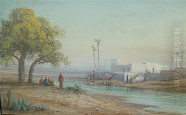 Figures And Camels Before Awalled City Oil Painting by Johann Josef Anton Huber