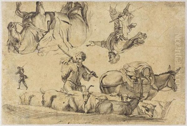 Study Sheet With Herdsmen, Flock Of Sheep, Mule And Horse Oil Painting by Johann Rudolf Huber