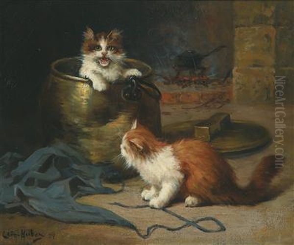 Cats Playing Oil Painting by Leon Charles Huber