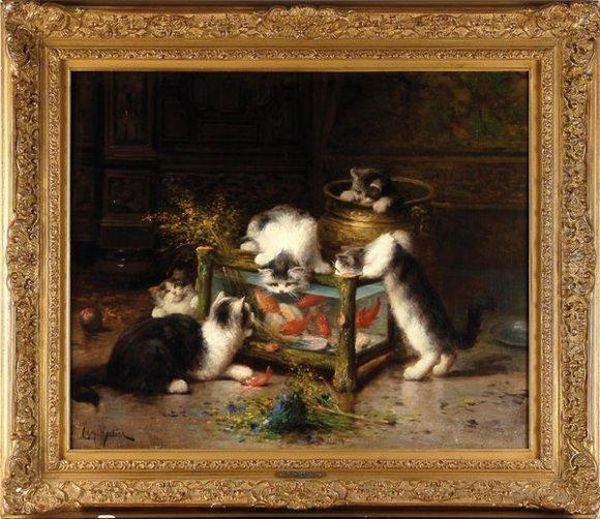 Chats Autour D'un Aquarium Oil Painting by Leon Charles Huber