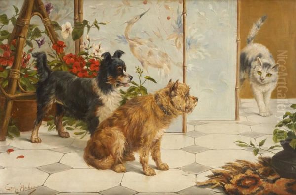 Chiens Et Chat Oil Painting by Leon Charles Huber