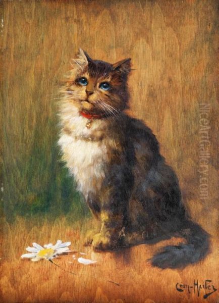 Sitzende Katze Mit Rotem Glockchen-halsband Vor Einer Margarite Oil Painting by Leon Charles Huber