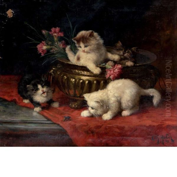 Kittens At Play Oil Painting by Leon Charles Huber