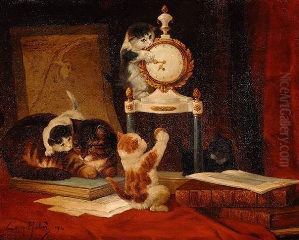 Playing Kittens And Cat Oil Painting by Leon Charles Huber