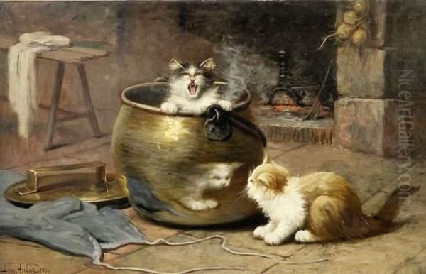 Chats Jouant Pres D'un Feu Oil Painting by Leon Hubert