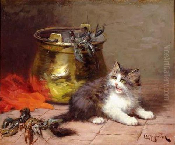 Chat Et Ecrevisse Oil Painting by Leon Hubert