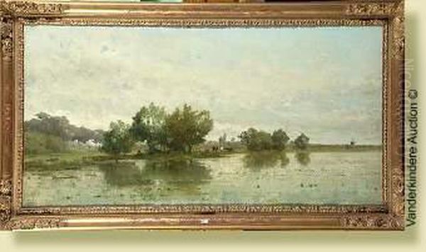 Paysage Hollandais Anime A L'etang Oil Painting by Edouard Jules Joseph Huberti