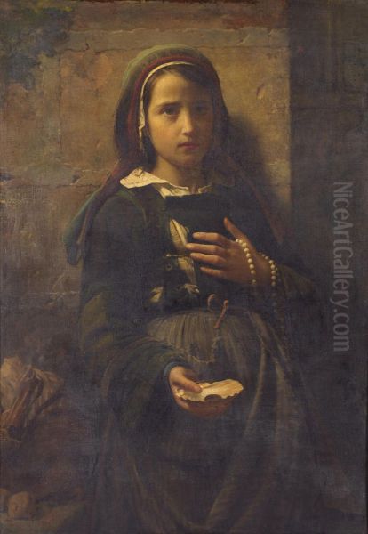 Portrait Of A Young Girl, Standing, Three Quarter Length, Holding A Sea Shell And Rosary Oil Painting by Emile Auguste Hublin