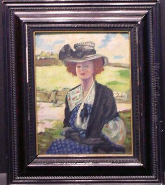 Seated Woman In A Landscape Oil Painting by Hubner